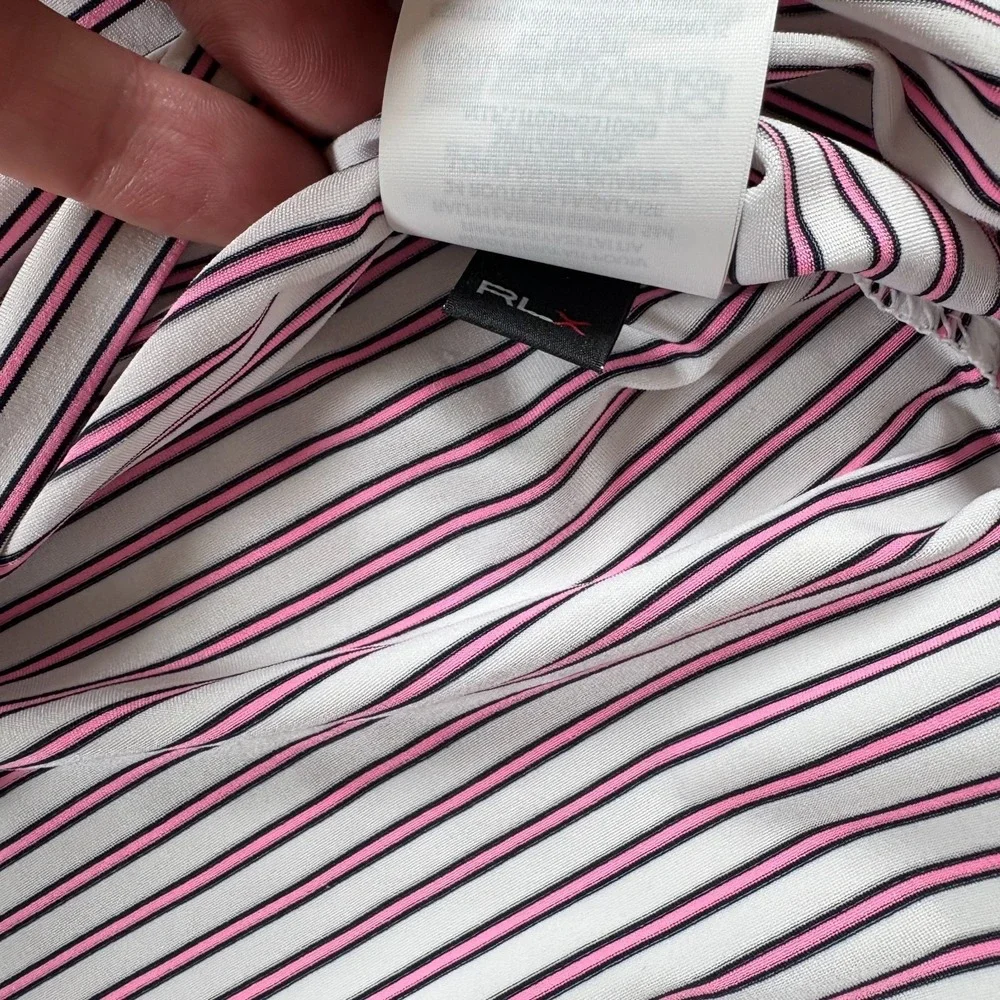RLX Ralph Lauren Polo Shirt Mens Large Gray Pink Striped High‎ Low Hem Golf